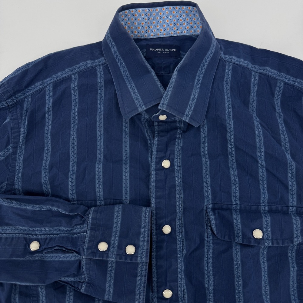 Proper Cloth Mens Blue Striped Western Pearl Snap Shirt 16.5 Tak Wind